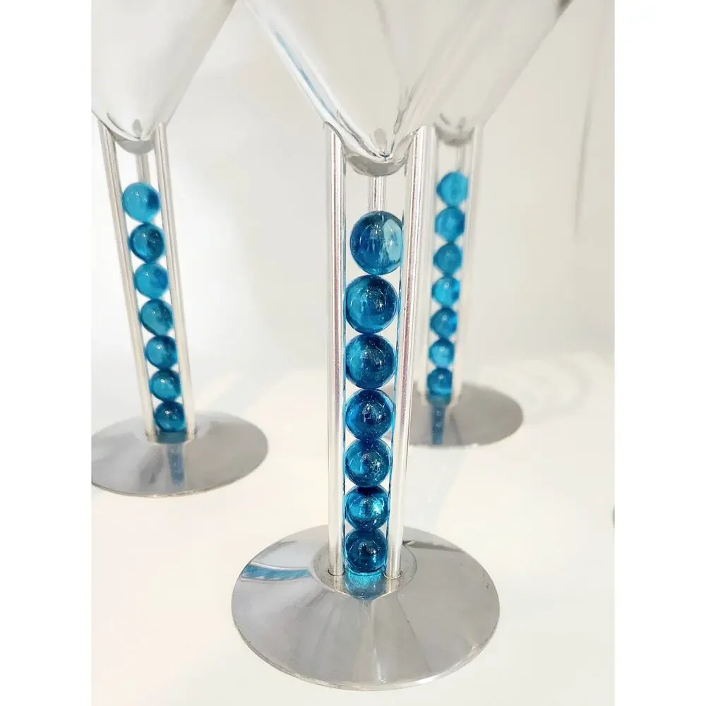 4 Patricia Heaton Bombay Sapphire Martini Glasses Blue Beads 1999 Artglass